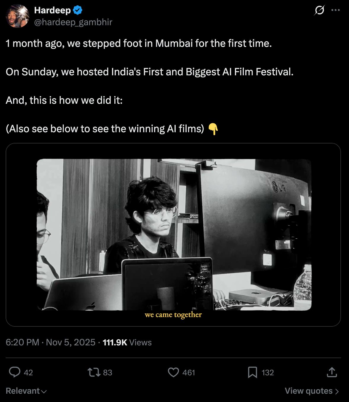 Hardeep's tweet about Mumbai AI Film Festival